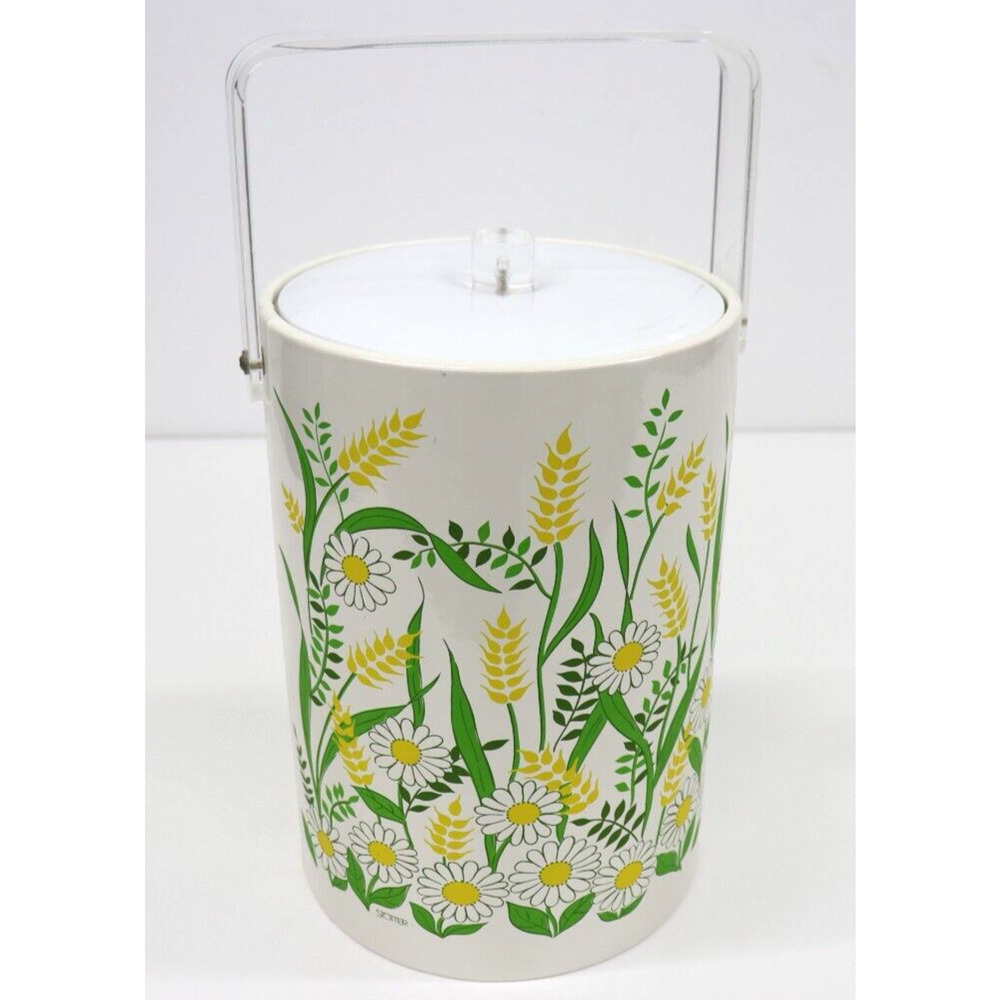 Vintage Mid Century Stotter Daisy Flowers Ice Bucket 11.5” Tall Lucite Handle